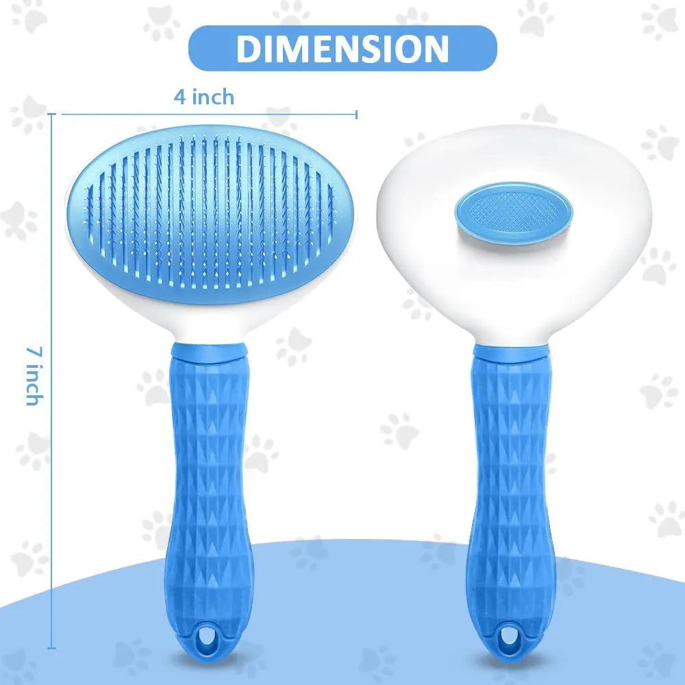 Blue cat grooming brush with a release button on the handle and fine wire bristles.