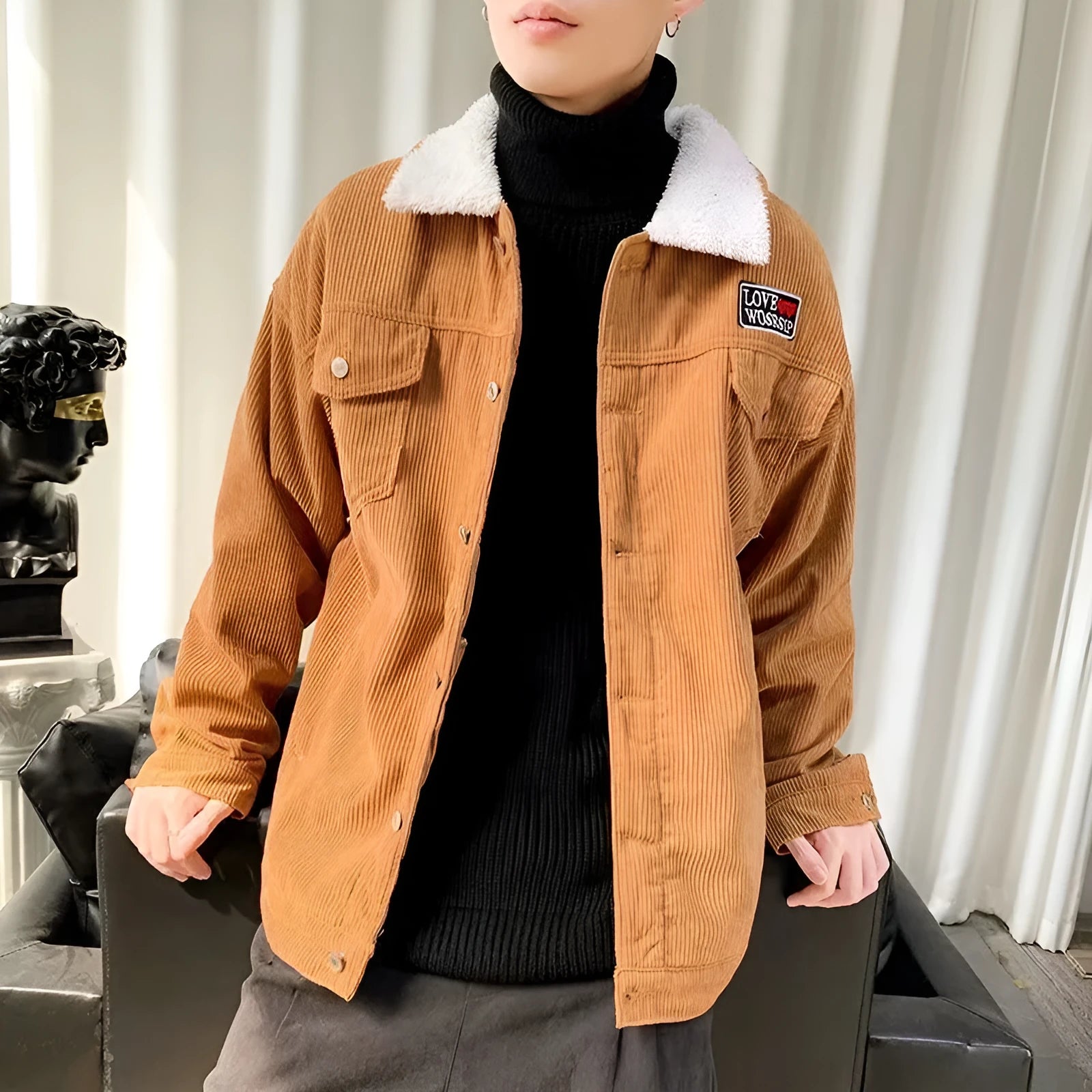 Men's loose-fit corduroy workwear jacket in khaki colour with regular sleeves and stick pocket