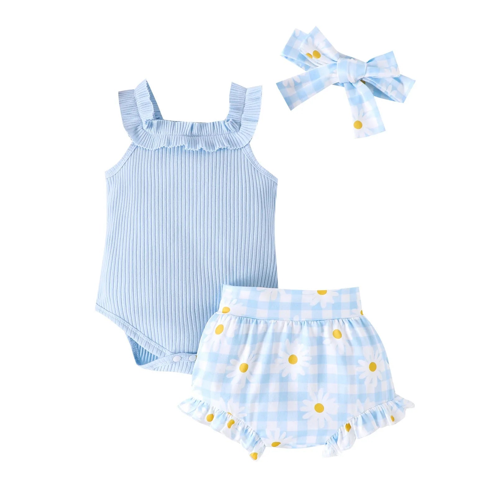 Cotton sunken stripe sling romper two-piece set for baby girls in violet and sky blue