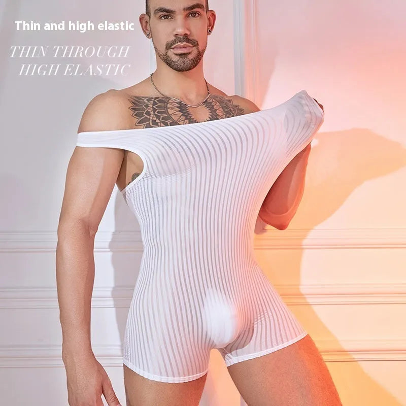 Men's striped nylon jumpsuit in black, dark grey, or white, showing vertical bar pattern.