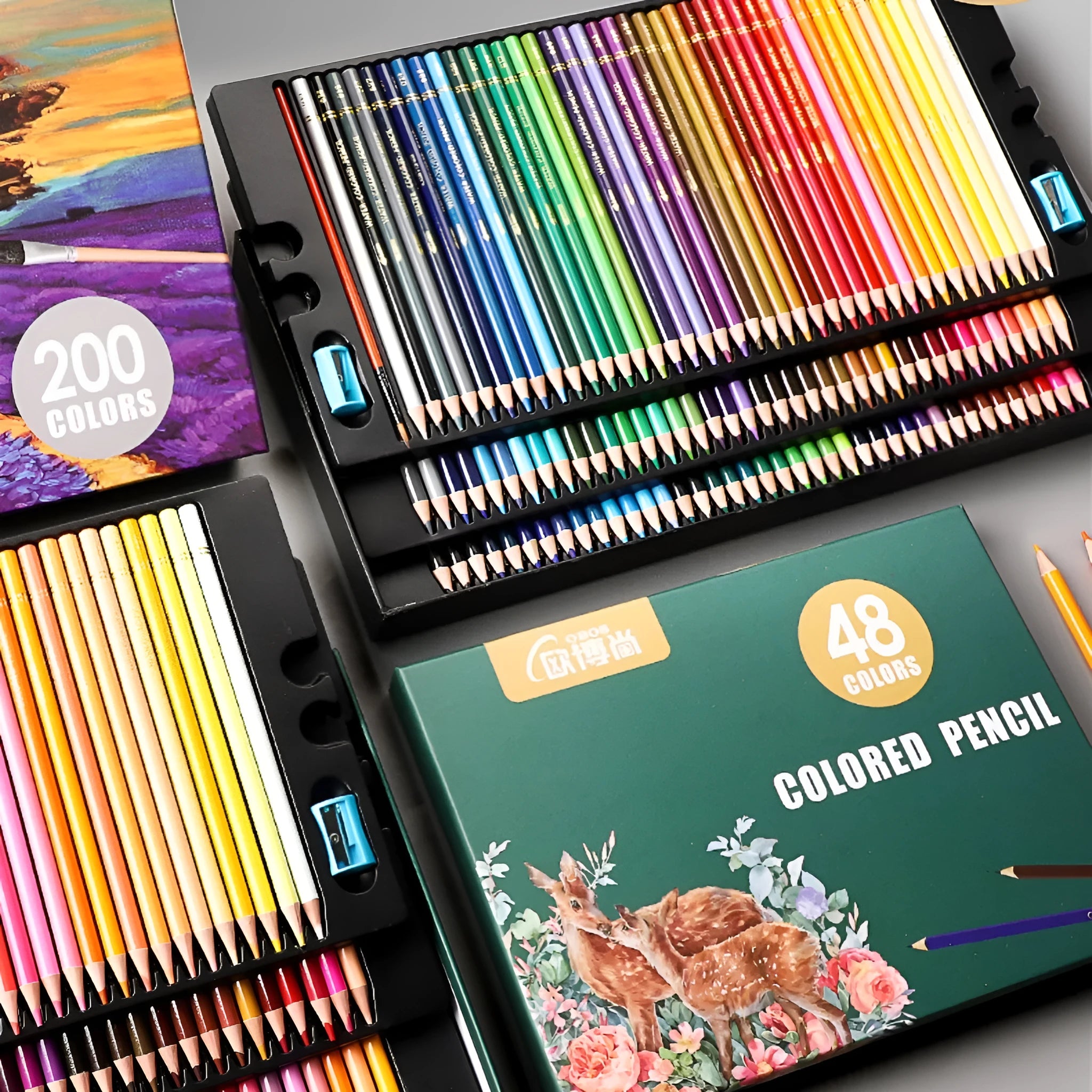 Water-soluble oily colour brush pencil set with wood shell, box, brush, and sharpeners, 120 colours