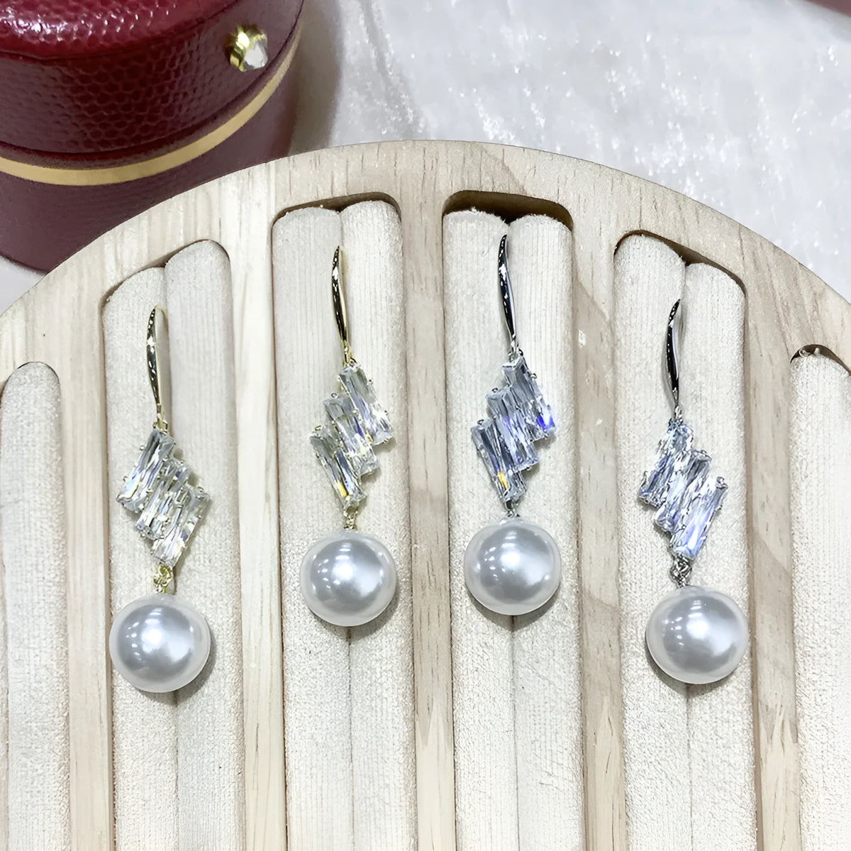 French micro inlaid diamond pearl hook earrings in gold finish
