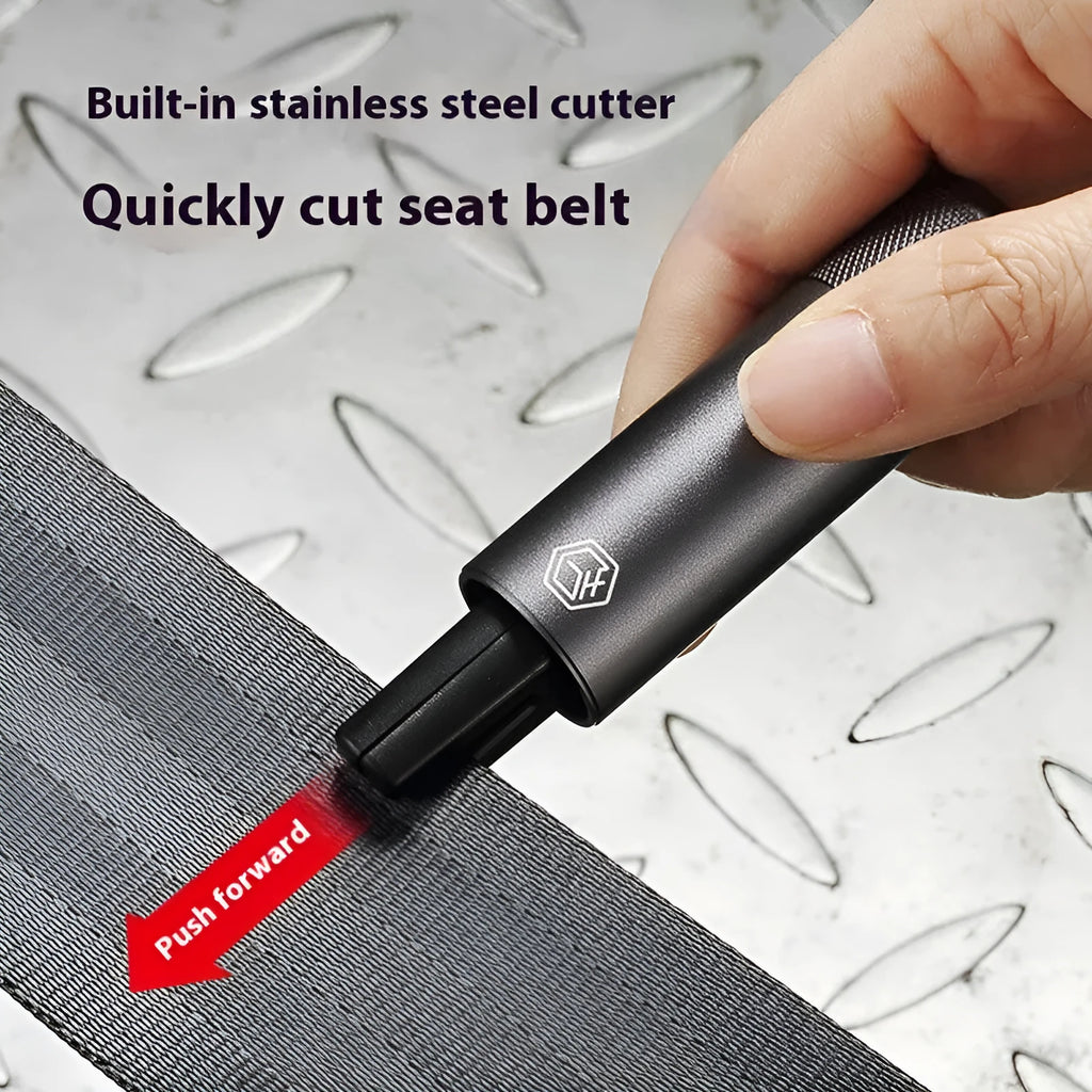 Gun grey car safety hammer with window breaker and seatbelt cutter on a 3M rubber base.