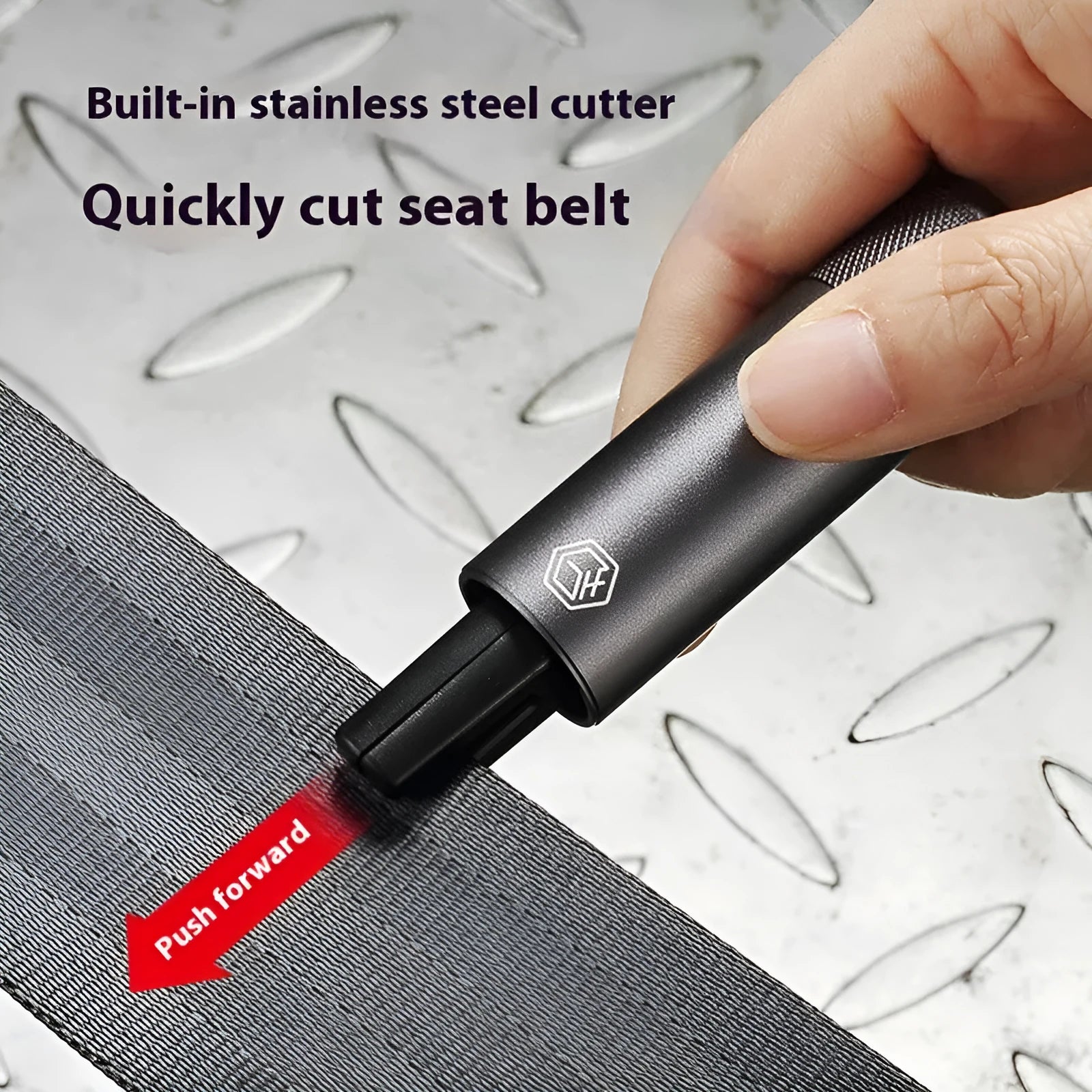 Gun grey car safety hammer with window breaker and seatbelt cutter on a 3M rubber base.
