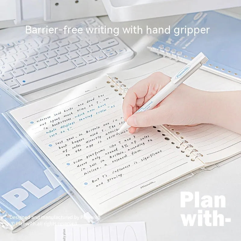 Blue and white A5 PVC notebook storage can for loose spiral papers, showing dimensions 148mm x 210mm.