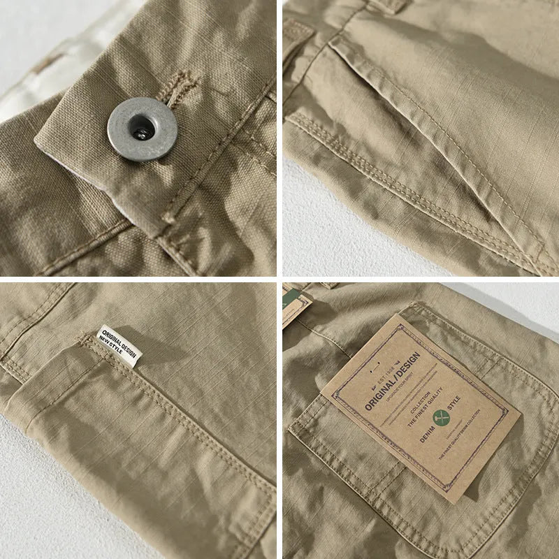 Men's straight leg cotton work trousers in apricot, brown and army green colours for spring and autumn wear