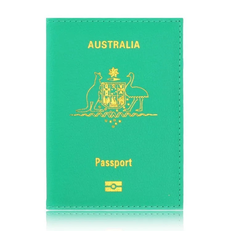 Light blue PU leather card bag passport wallet with ID and card slots on flat surface