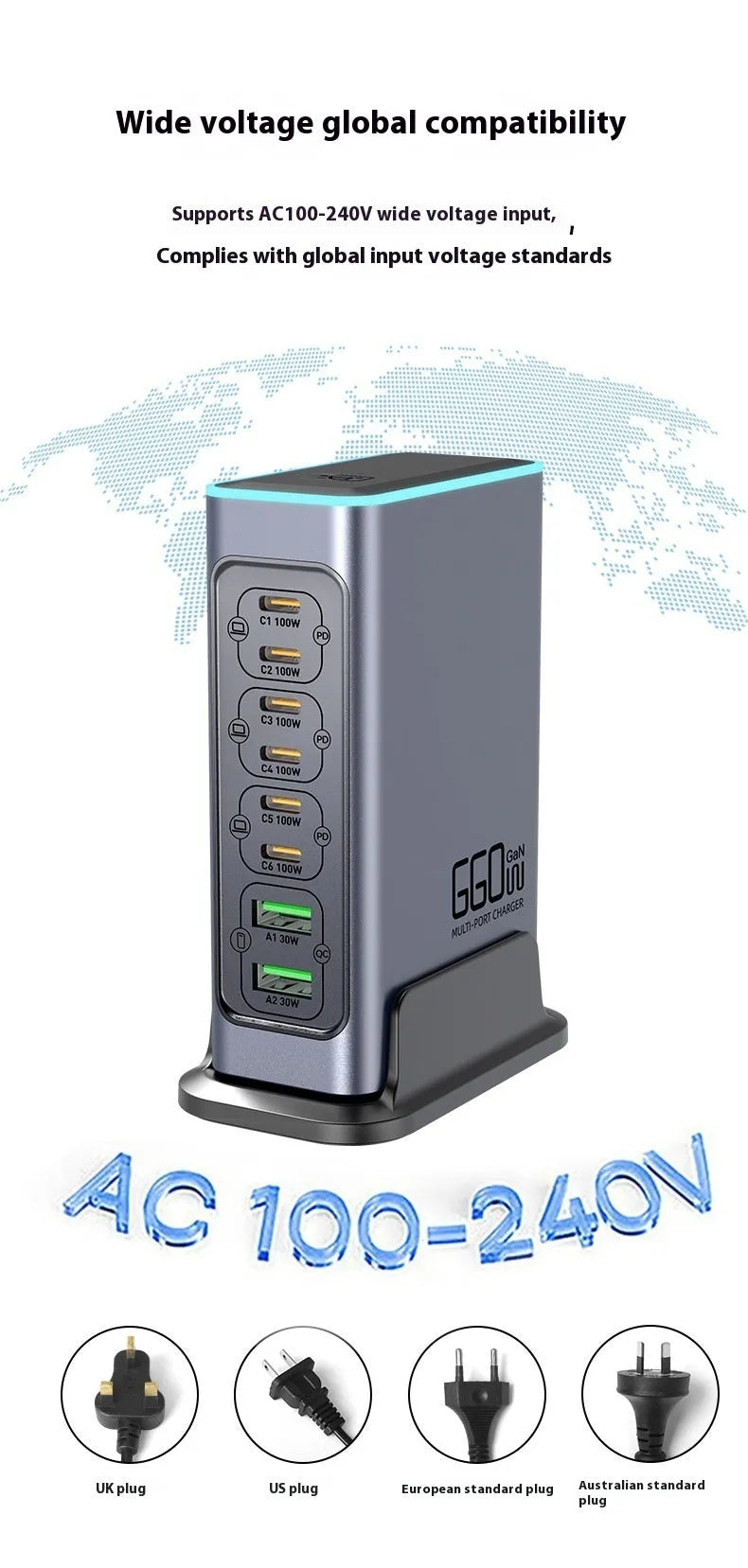Silver 660W Gallium Nitride desktop fast charger with multiple USB-C ports on a wooden desk.