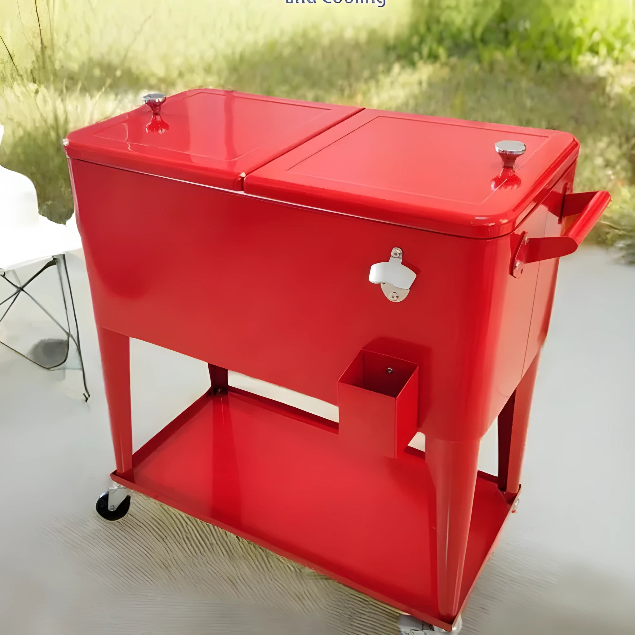 Red outdoor metal insulated trolley with 750 capacity for picnic and ice pack transport