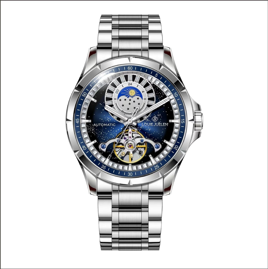 Men's silver automatic mechanical watch with blue dial and stainless steel bracelet on wrist.