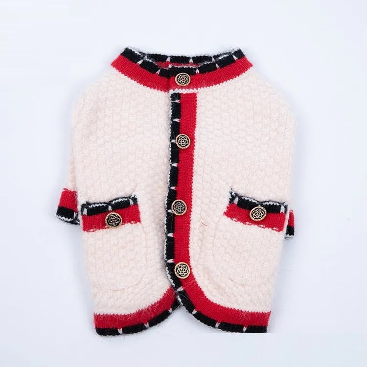 Blue wool dog sweater cardigan with classic princess style on mannequin showing button front
