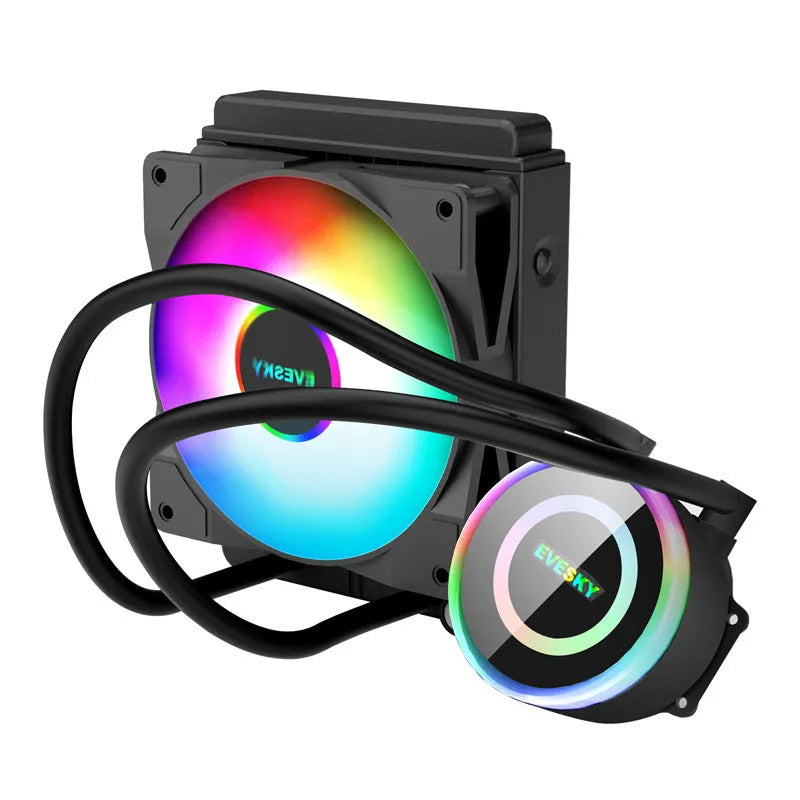 CPU radiator with RGB fans mounted on an aluminium heatsink for PC cooling