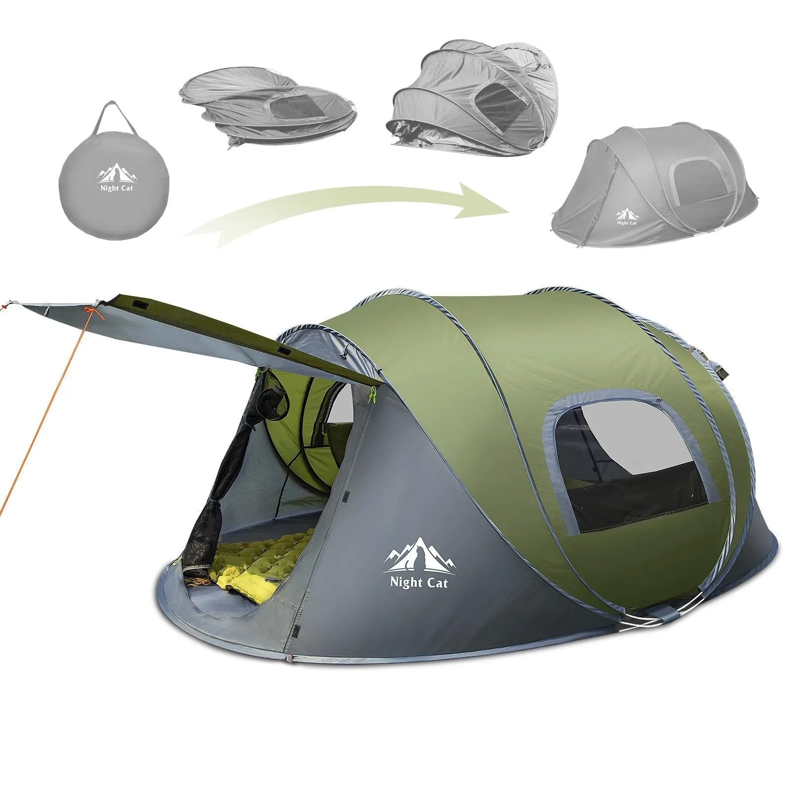 Dark green two-person instant pop-up camping tent with waterproof rainfly