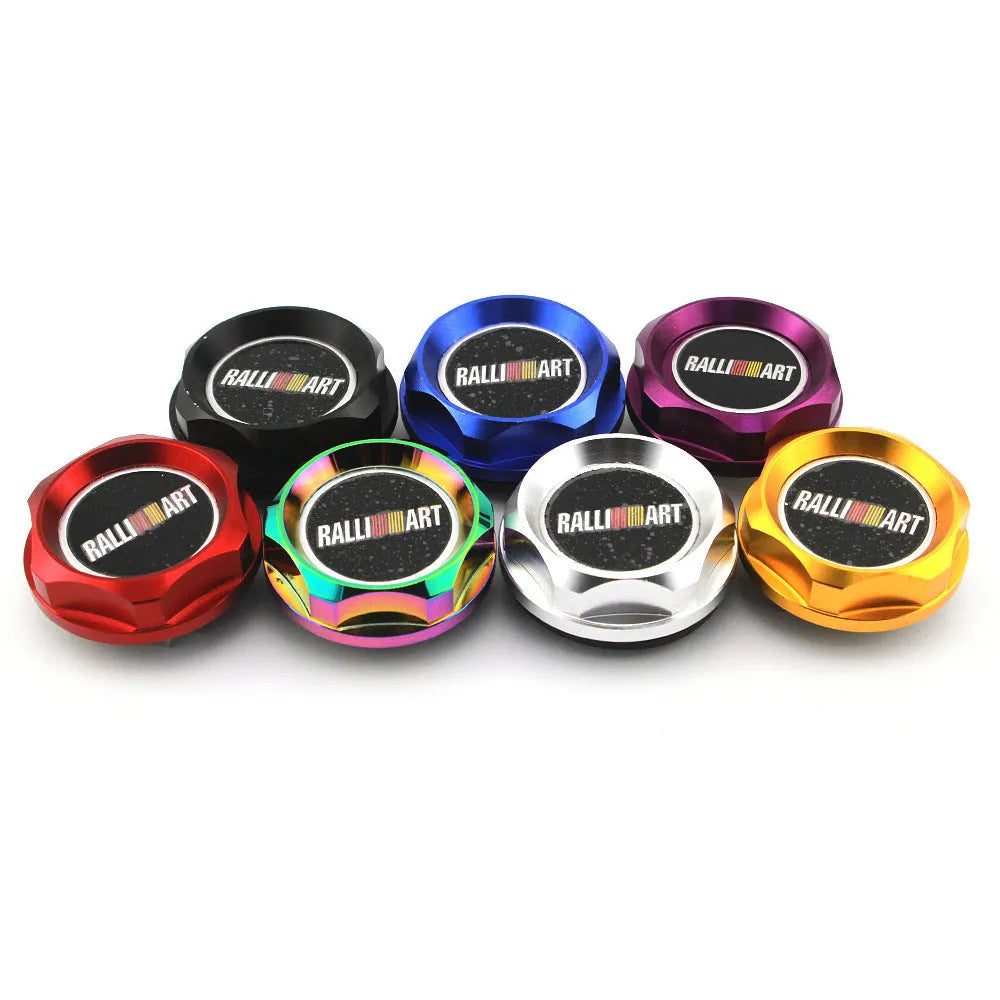 Aluminium alloy oil filter cap for car modification, shown in available colours: red, blue, gold, silver, black, purple.