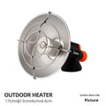 Black and orange portable outdoor gas heating stove with automatic ignition on a camping table.
