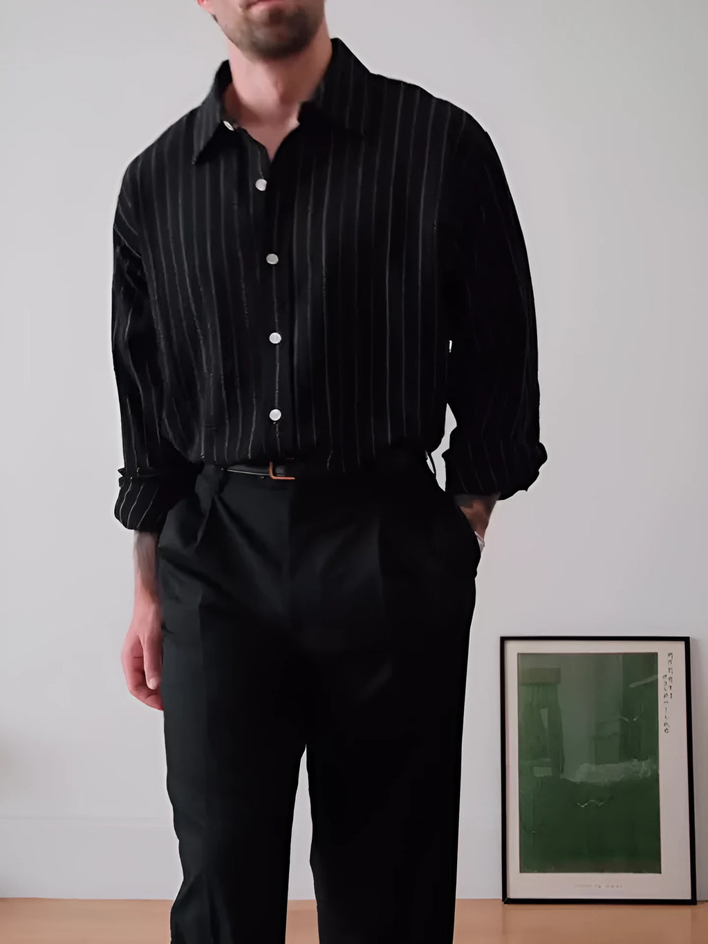 Black pinstriped button-down business shirt with long sleeves and regular fit