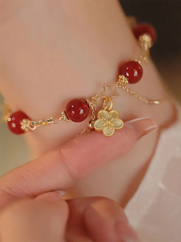 Women's red agate double layer bracelet with floral peach blossom ethnic designs