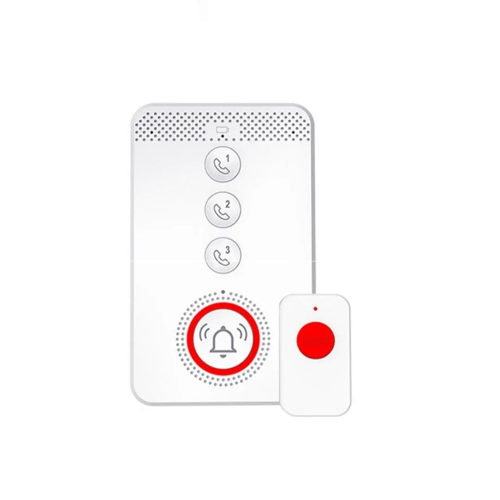 White emergency alert device set with one buzzer unit and three call buttons.