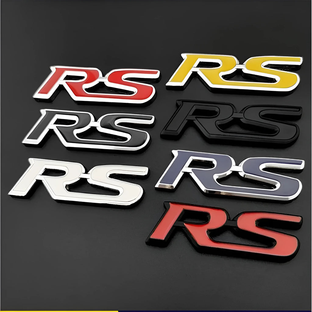 RS series zinc alloy metal car badge sticker showing raised lettering design