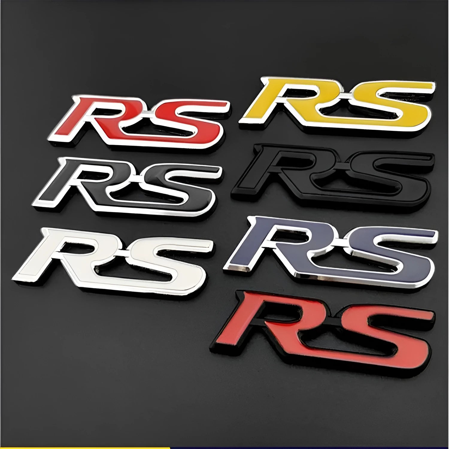 RS series zinc alloy metal car badge sticker showing raised lettering design
