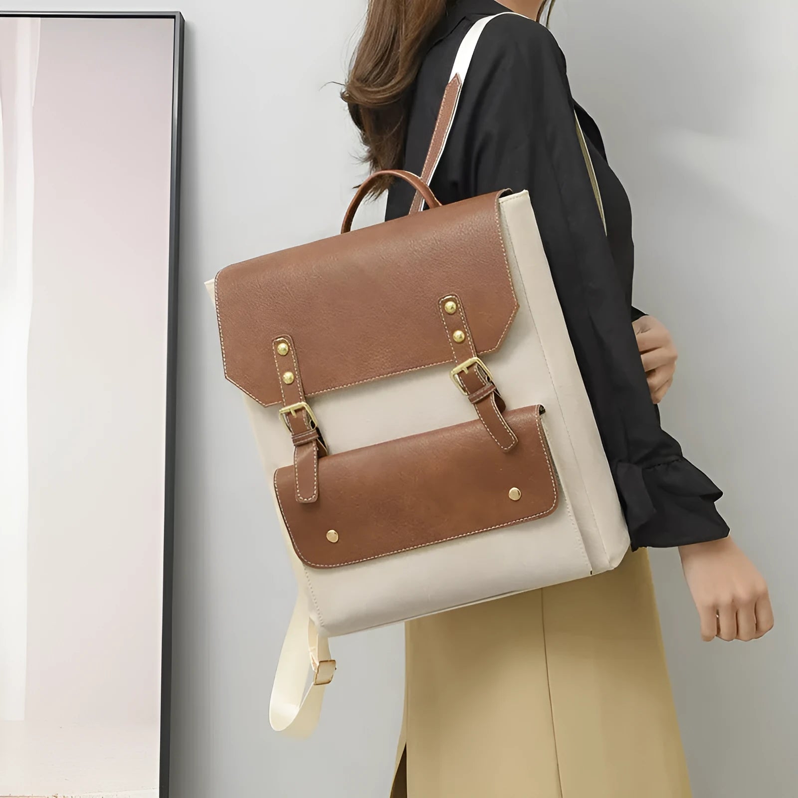 Korean style retro backpack in soft PU material showing ventilation back panel design