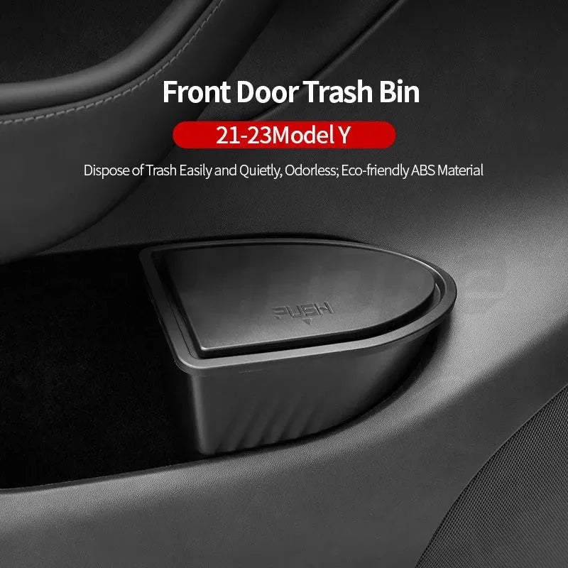 Two black plastic car trash cans designed for Tesla Model Y door pockets.