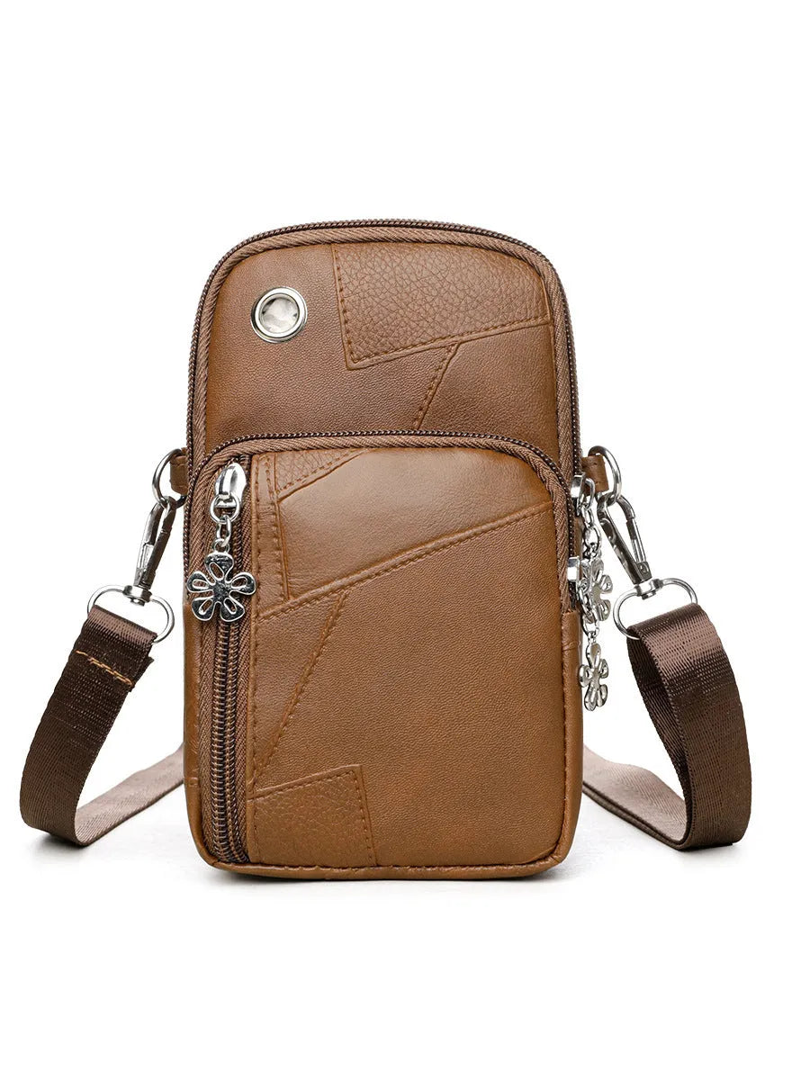 Vertical mini phone bag in square shape with sandwich pocket, shown in brown colour option