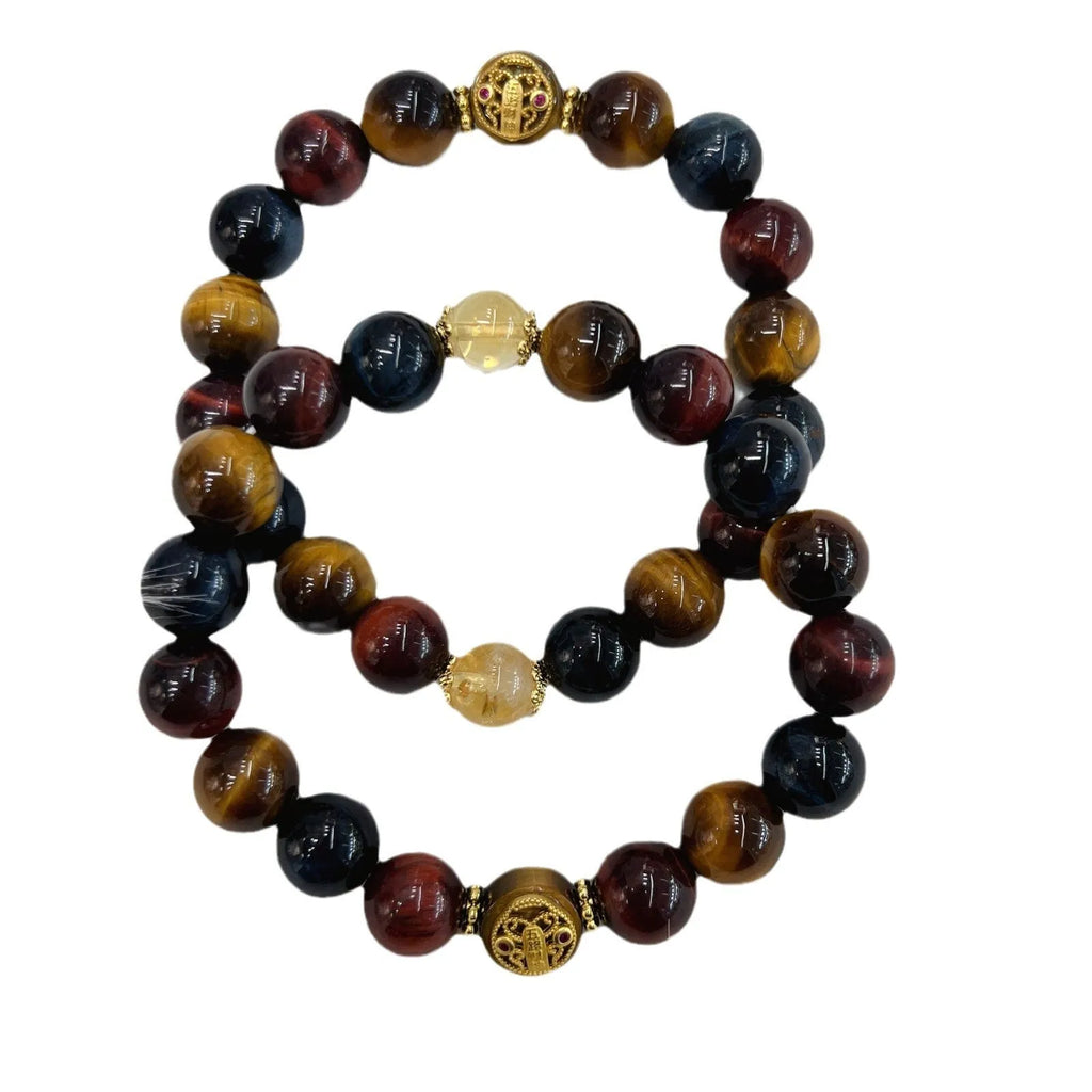 Natural colour tiger eye bracelet with round beads on 18cm chain, Maillard style knotting