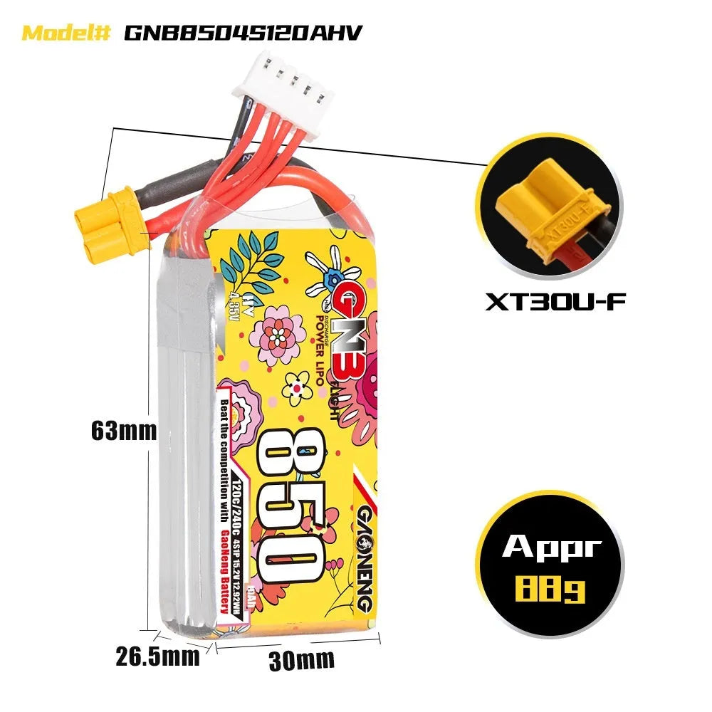 GNB 850mAh 4S 15.2V 120C LiPo battery with XT30 and XT60 plug options for RC models