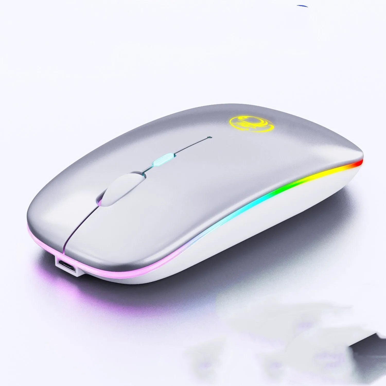 Black and white dual-mode wireless silent mouse with luminous charging scroll wheel.