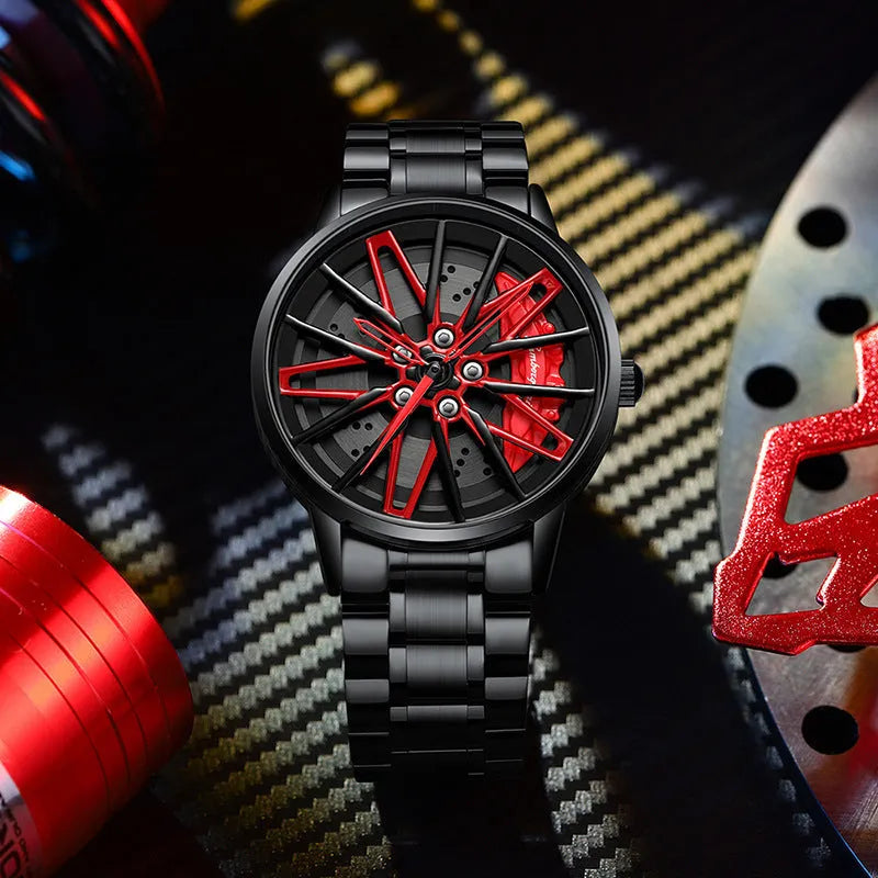 Three-dimensional hollow car inspired forged men's quartz watch with rotating steel belt in all black red colour
