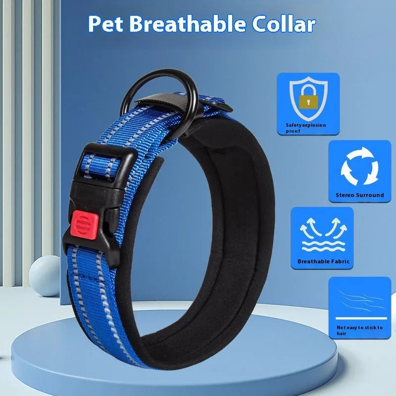 Adjustable cloth dog collar for medium and large dogs in blue, red, orange, lake blue, black, or fluorescent green.