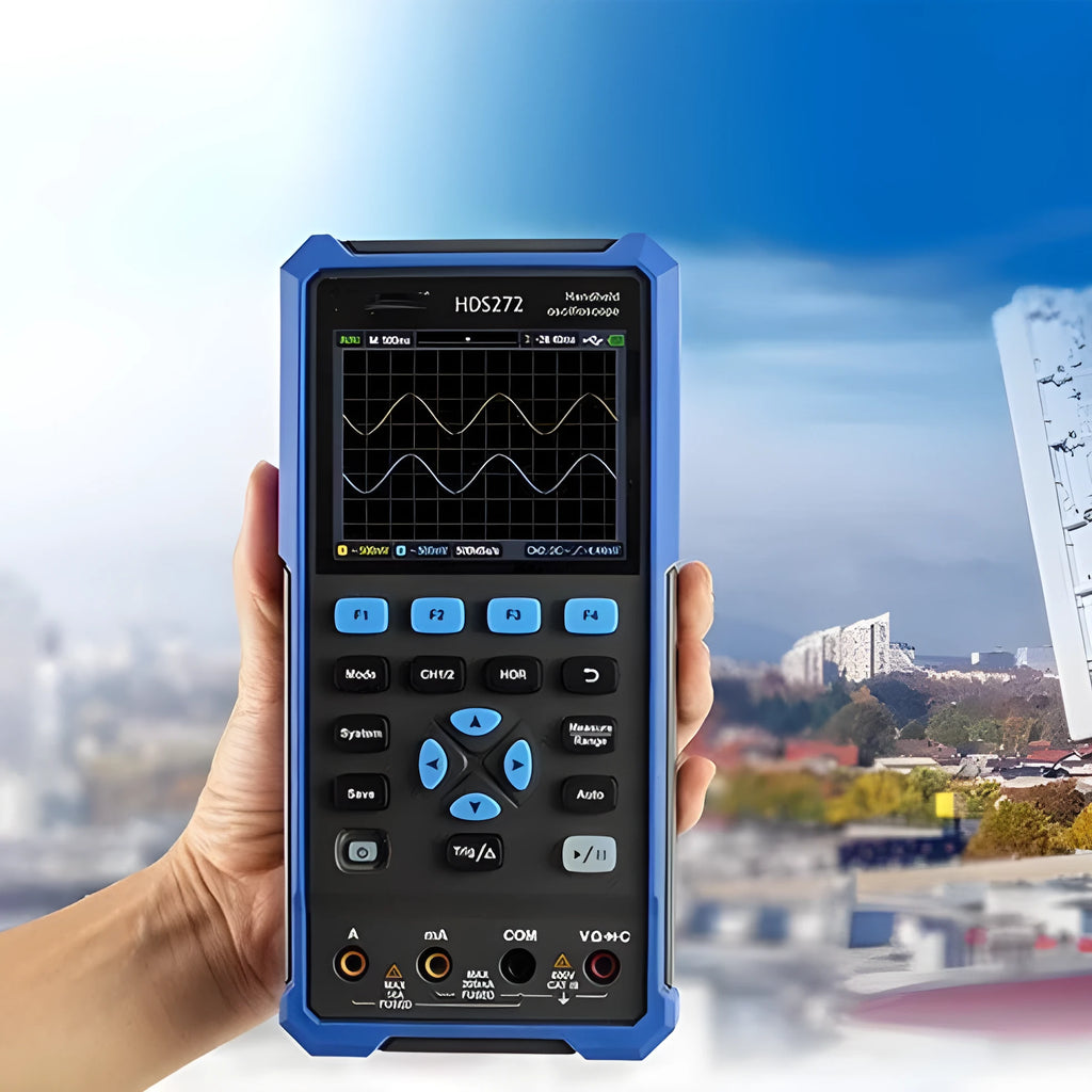 Owon HDS272 handheld digital oscilloscope with probe on black background