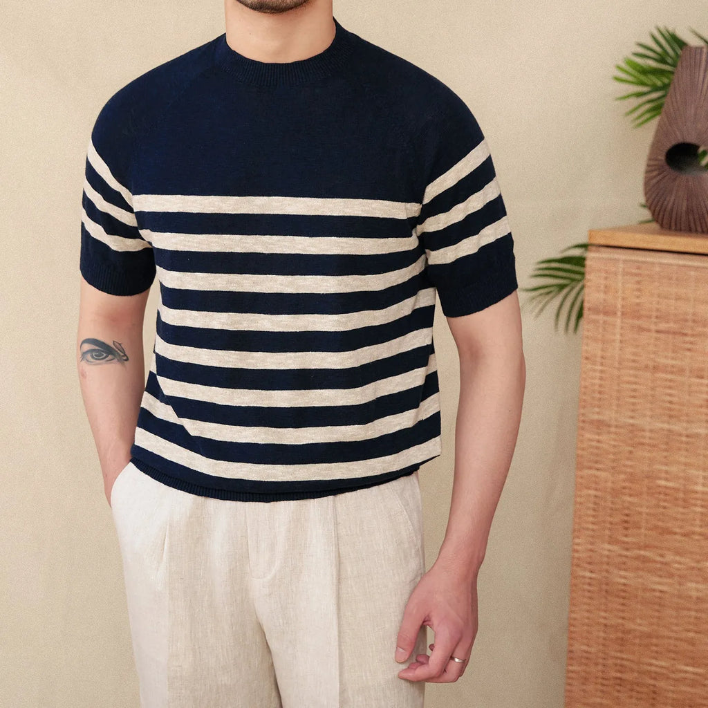 Men's striped linen cotton blend t-shirt with round neck and short sleeves in navy blue colour