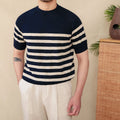 Men's striped linen cotton blend t-shirt with round neck and short sleeves in navy blue colour