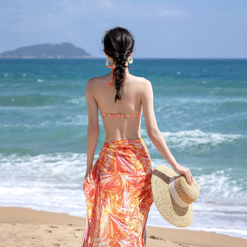 Women's backless one-piece swimsuit set with belly control and veil cover-up in orange and green