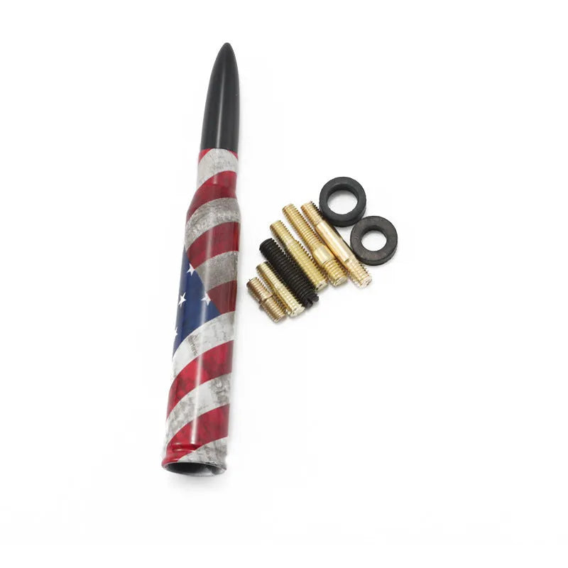 14cm long bullet-shaped car antenna in camouflage green, black, and American flag designs