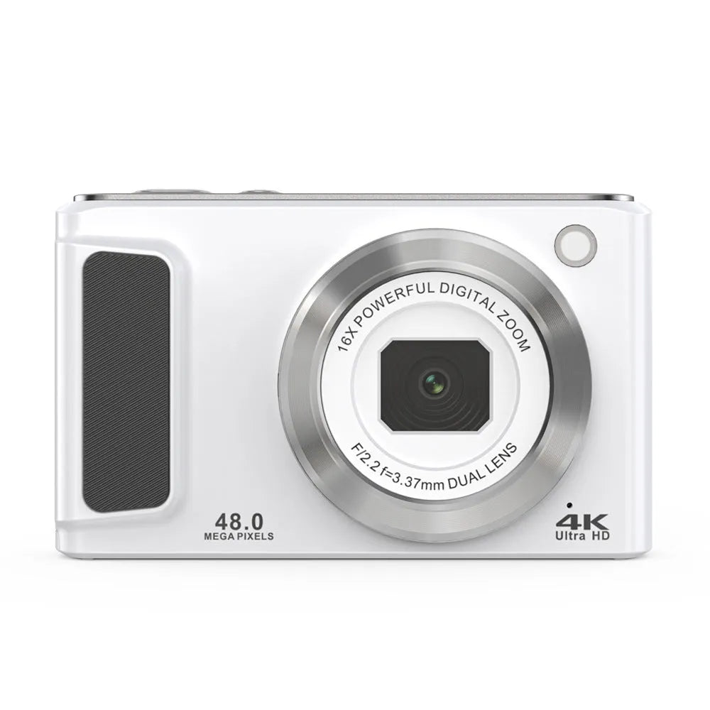 Entry-level 4K HD digital camera with front and rear dual cameras, compact ABS body, black or white, 102x27x62.8mm