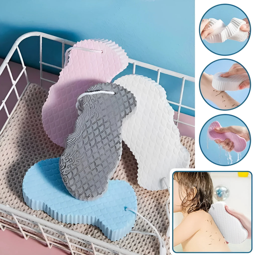 3D fish scale pattern bath sponge ball in white, grey, pink or light blue colours for gentle body exfoliation