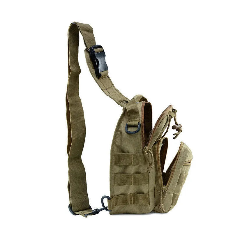 Small green camouflage tactical backpack with MOLLE webbing on front, carried crossbody.