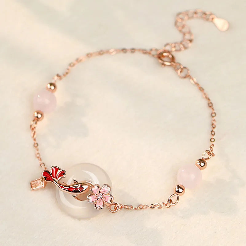 S925 sterling silver bracelet for women with white chalcedony crystals and electroplated koi colour finish