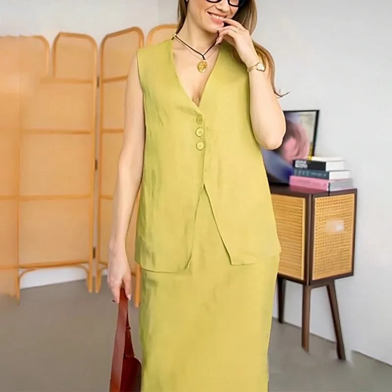 Blue casual sleeveless vest and long skirt two-piece set on a hanger.