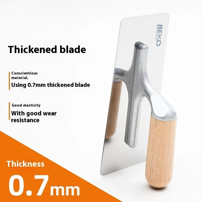 Stainless steel putty scraper with wooden handle for wall and floor plastering work
