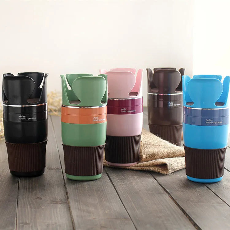 Car multifunctional cup holder and navigation mount organiser in black, brown, pink, green, or blue colours.