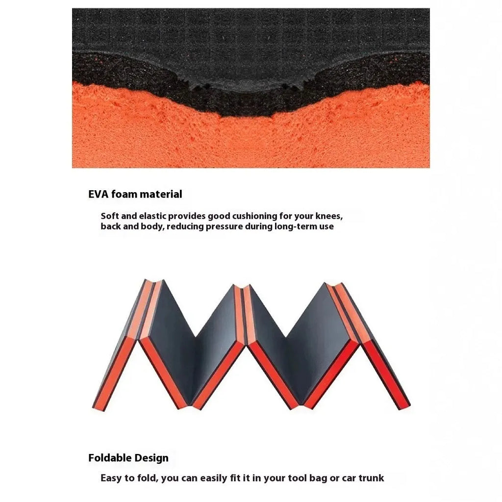 Grey EVA foam folding kneeling mat for car repairs, shown unfolded on a garage floor.