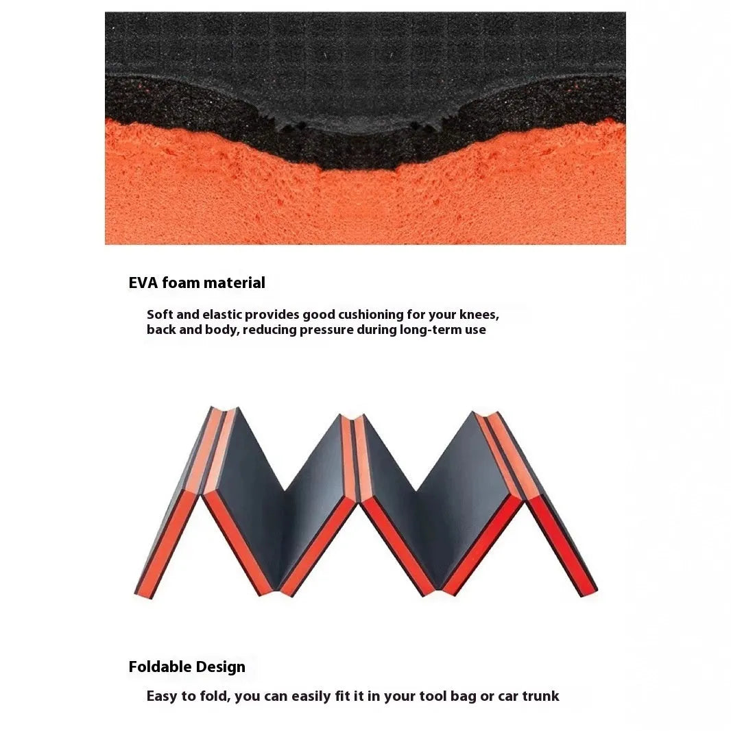 Grey EVA foam folding kneeling mat for car repairs, shown unfolded on a garage floor.
