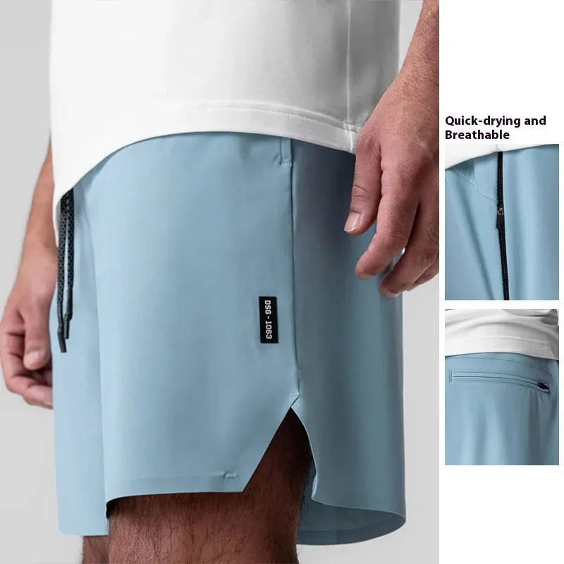 Men's grey seamless sports shorts with quick-drying fabric and straight knee-length cut