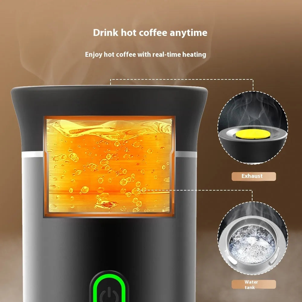 Portable 3-in-1 espresso coffee maker in silver colour with USB cable