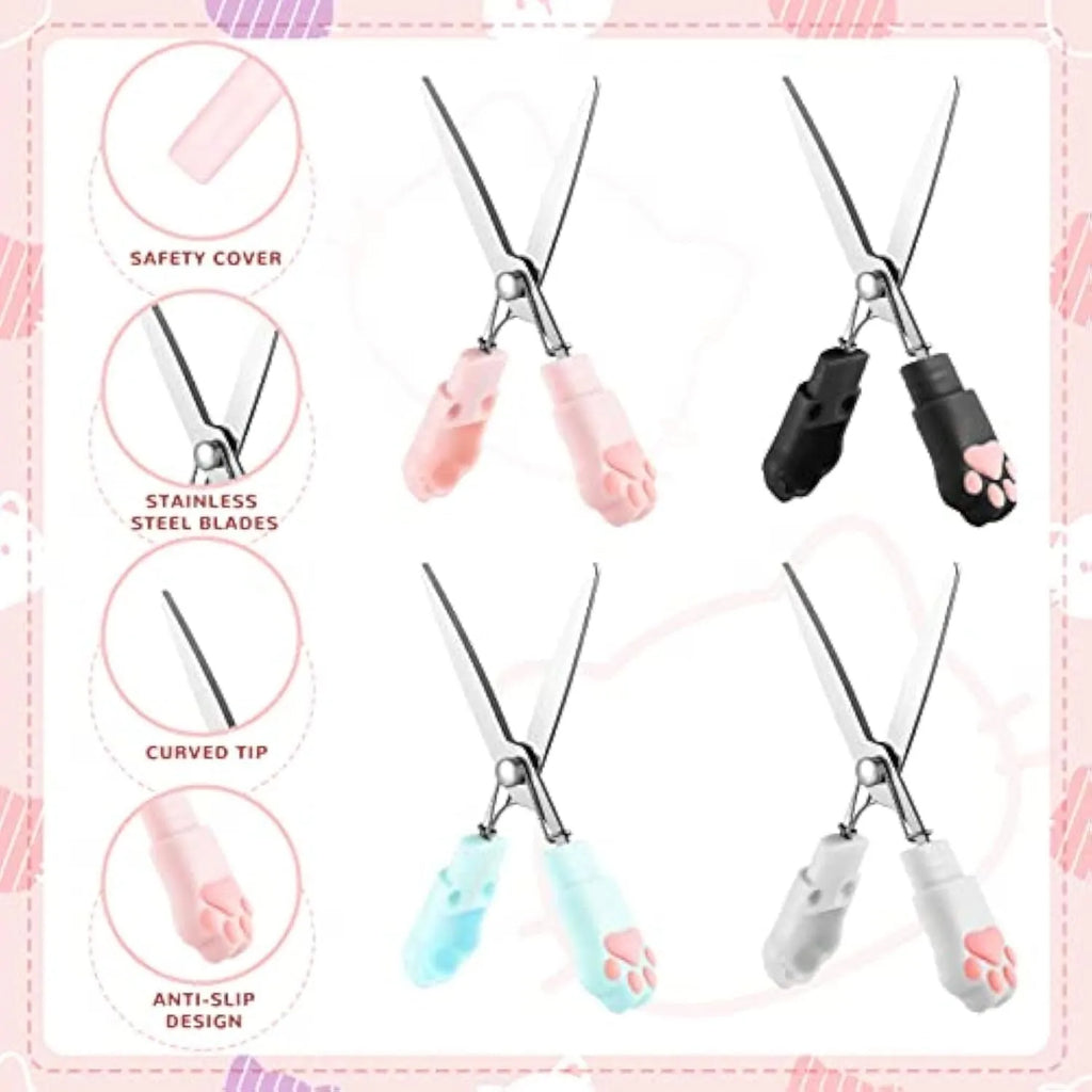 Cat paw cartoon design mini folding safety scissors in four colours: black, blue, pink, and white.