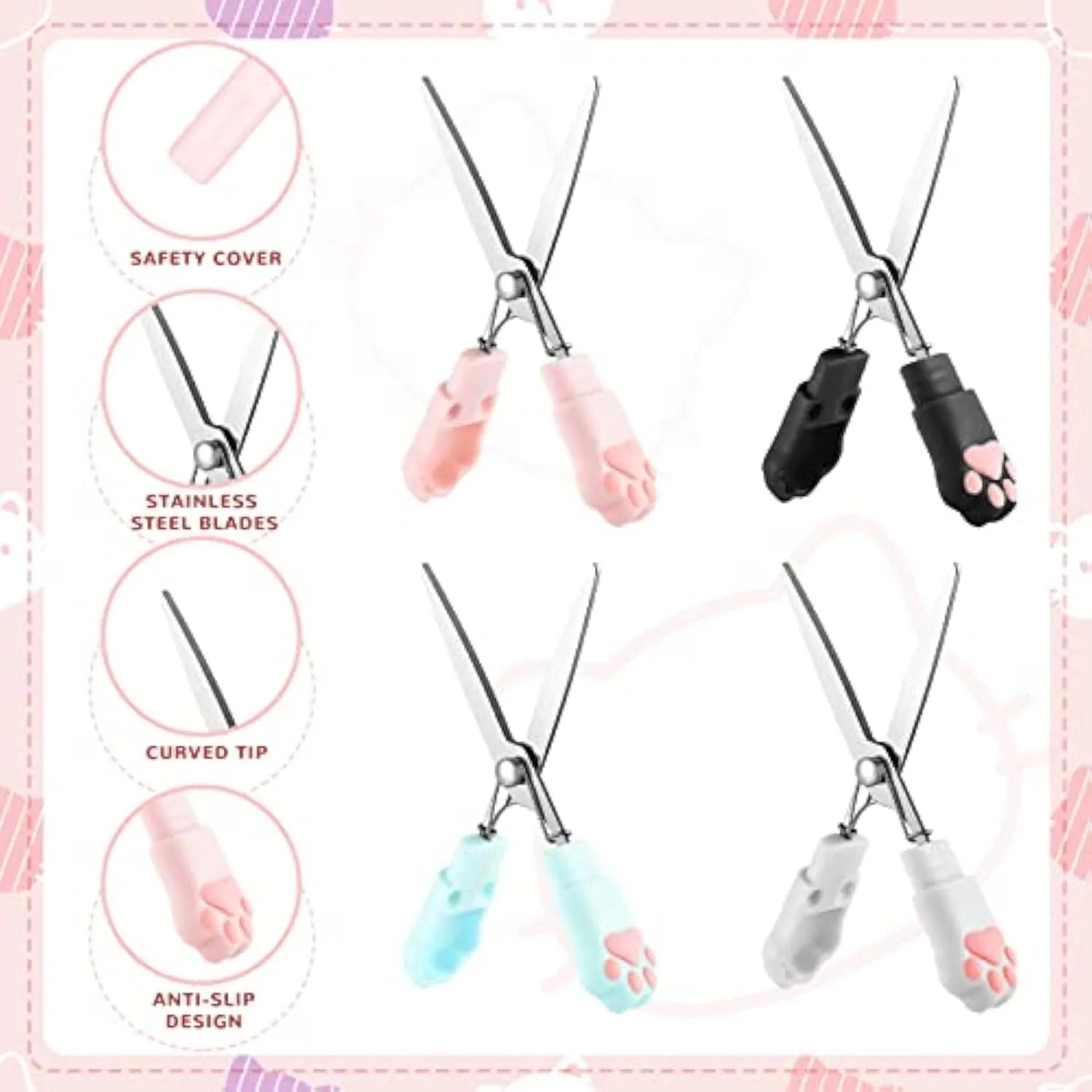 Cat paw cartoon design mini folding safety scissors in four colours: black, blue, pink, and white.
